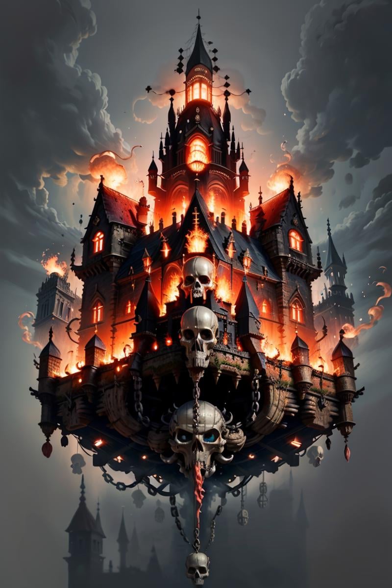 ((masterpiece,best quality)),<lora:Khorne_World:0.7>,Khorne_World, (skulls), (castle, buildings with windows :1.2), chain, spikes, fantasy,(giant floating skull:1.4),fire, red glow, red theme,