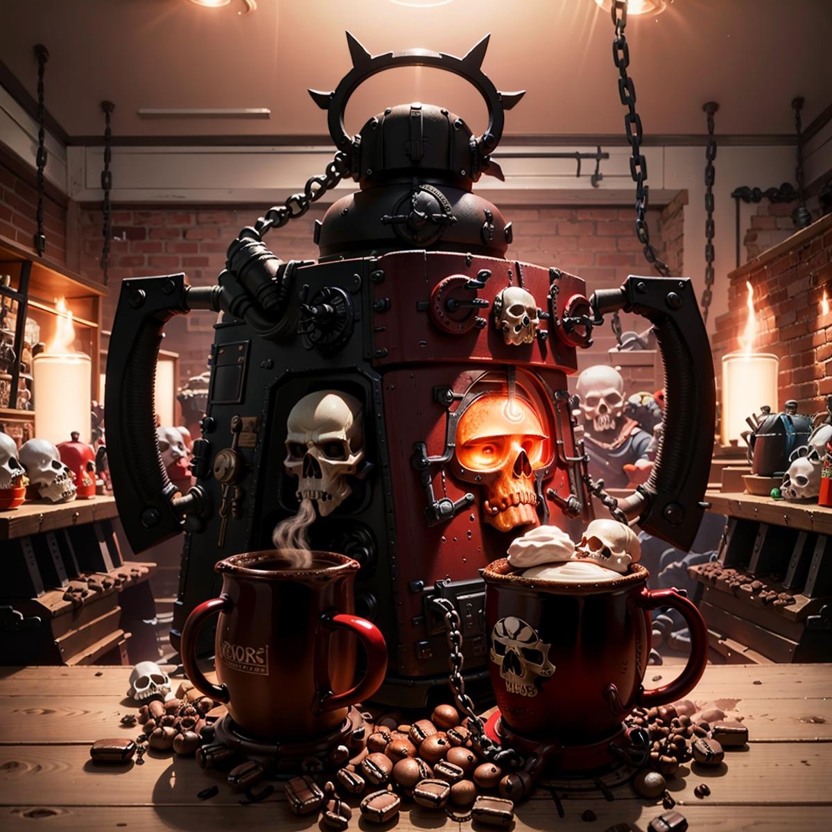 ((masterpiece,best quality)),<lora:Khorne_World:0.7>,Khorne_World, (skulls), chain, spikes,(coffee machine:1.2), coffee mug,red glow, red theme, 