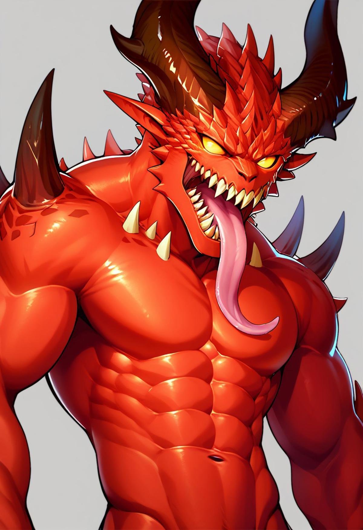 score_9, score_8_up, score_8,  Khrn, solo, open mouth, 1boy, male focus, horns, teeth, tongue, tongue out, muscular, colored skin, abs, sharp teeth, spikes, no pupils, red skin, long tongue, demon