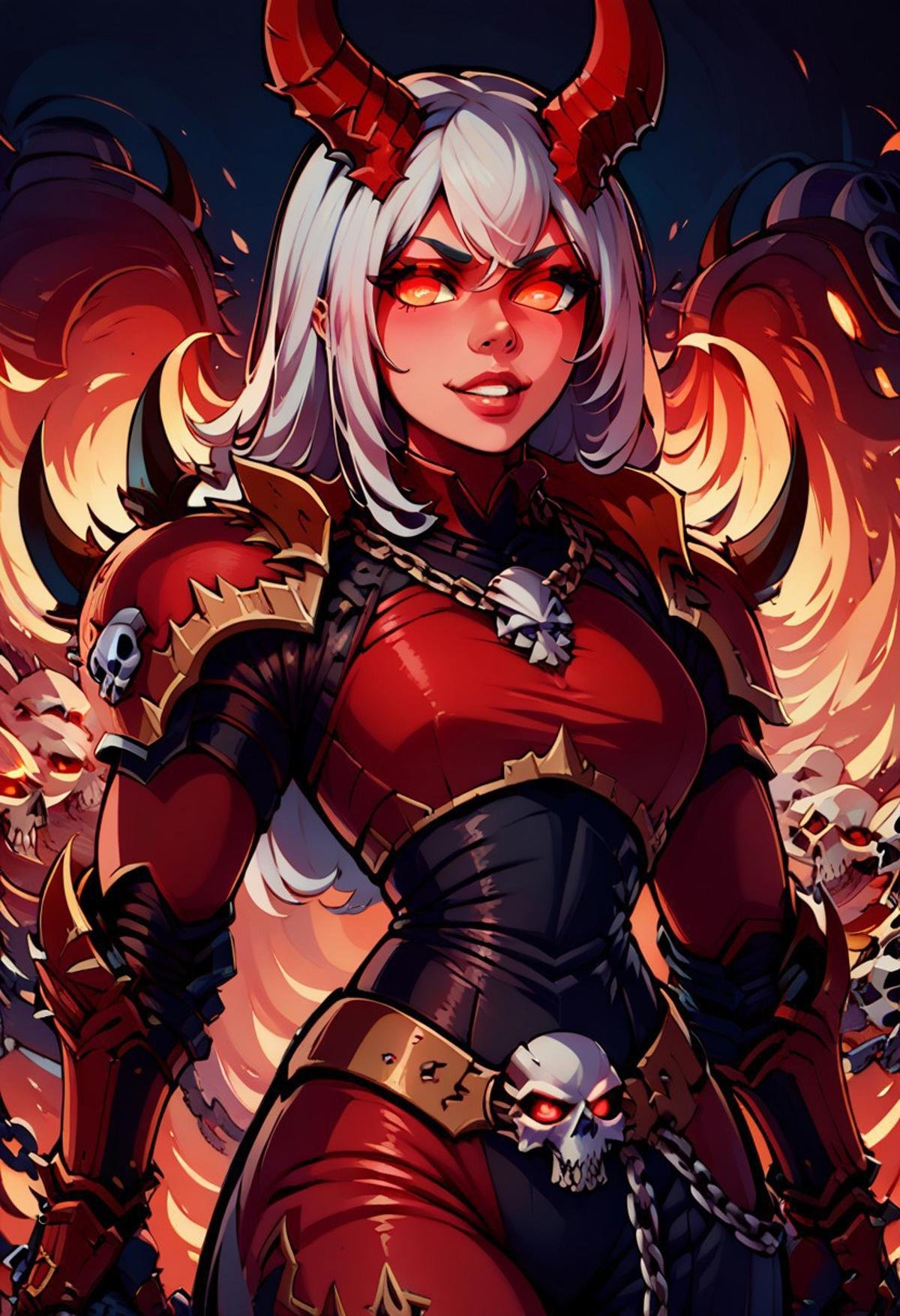 score_9, score_8_up, score_8, big breasts, (curvy), eyelashes, Khrn, DaughterOfKhorne, skull, chain, spikes, armor, 1girl, long hair, white hair, lips, looking at viewer, smile, teeth, glowing red eyes, horns, red glow, red theme, fire, shoulder armor, gauntlets, glowing eyes, pauldrons, full armor, demon, pretty face,  space marine,