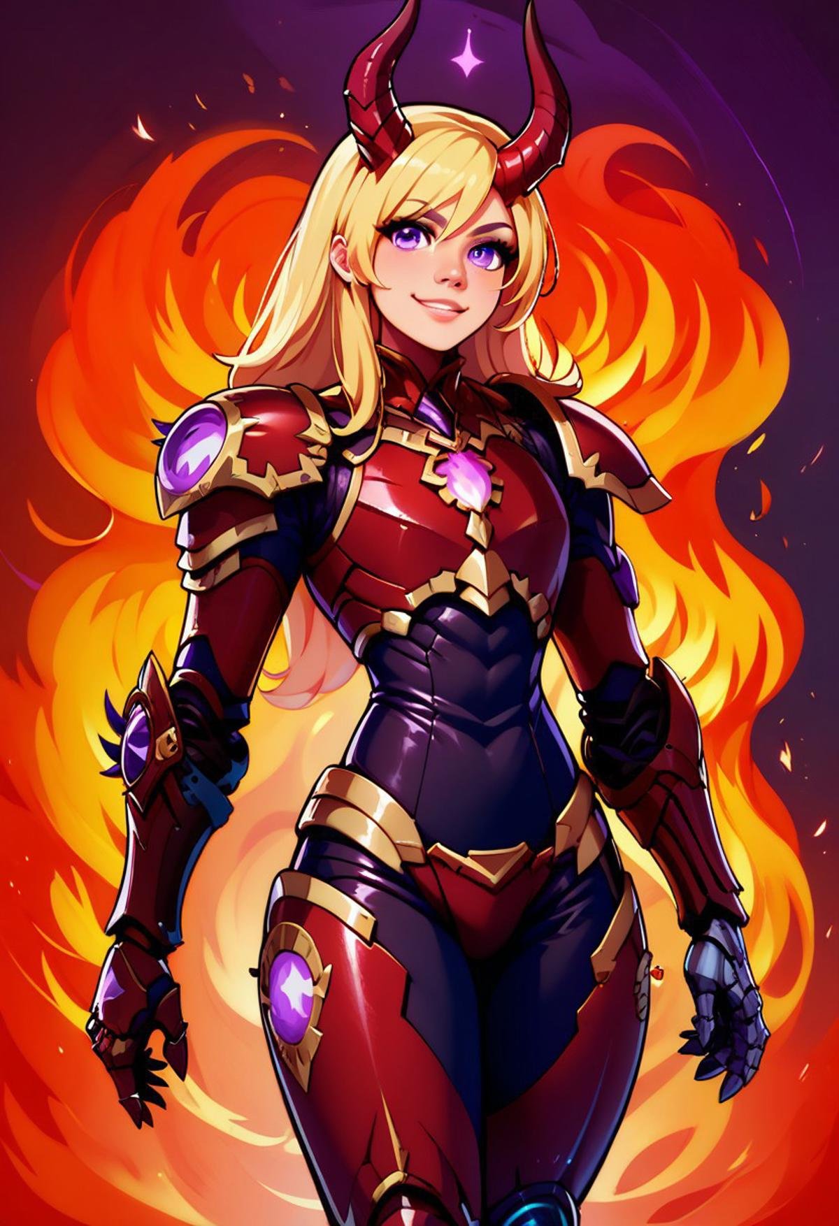 score_9, score_8_up, score_8,  Khrn, 1girl, solo, long hair, looking at viewer, smile, blonde hair, purple eyes, cowboy shot, horns, armor, cosplay, gauntlets, prosthesis, power armor, fire background, 