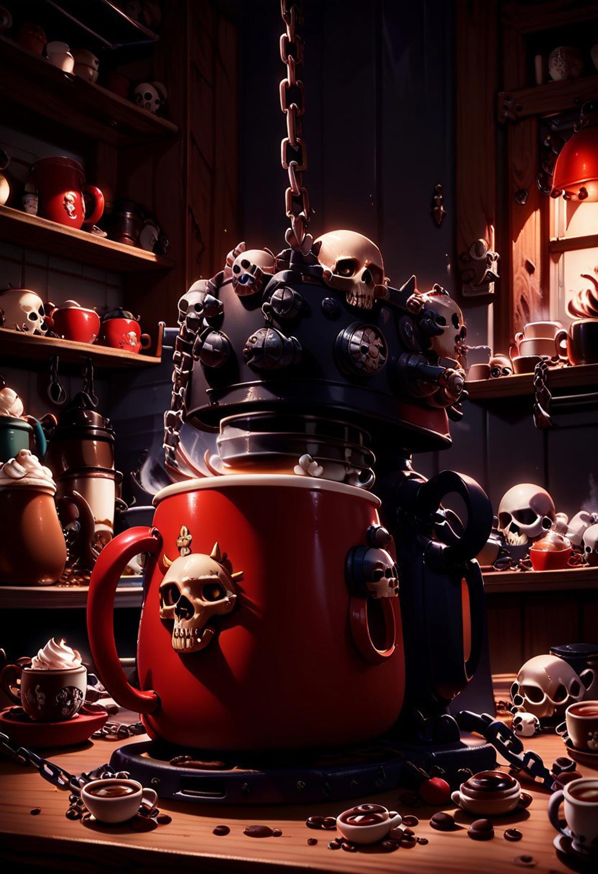 score_9, score_8_up, score_8,  Khrn, no humans, skull, chain, spikes, coffee machine, coffee mugs, kitchen, coffee beans,