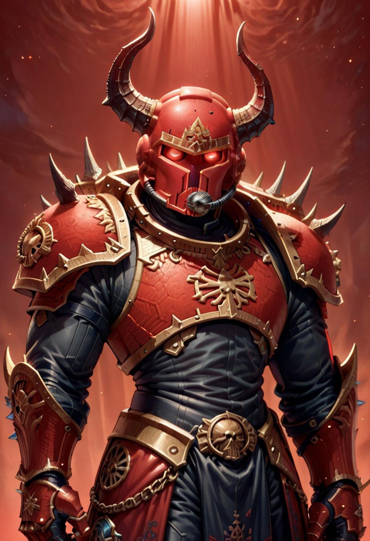 score_9, score_8_up, score_8,  Khrn, solo, 1boy, male focus, armor, helmet, shoulder armor, gauntlets, red background, spikes, red armor, tokusatsu, horns, space marine, vibrant lighting, high contrast, dramatic shadows, highly detailed, detailed skin, depth of field,