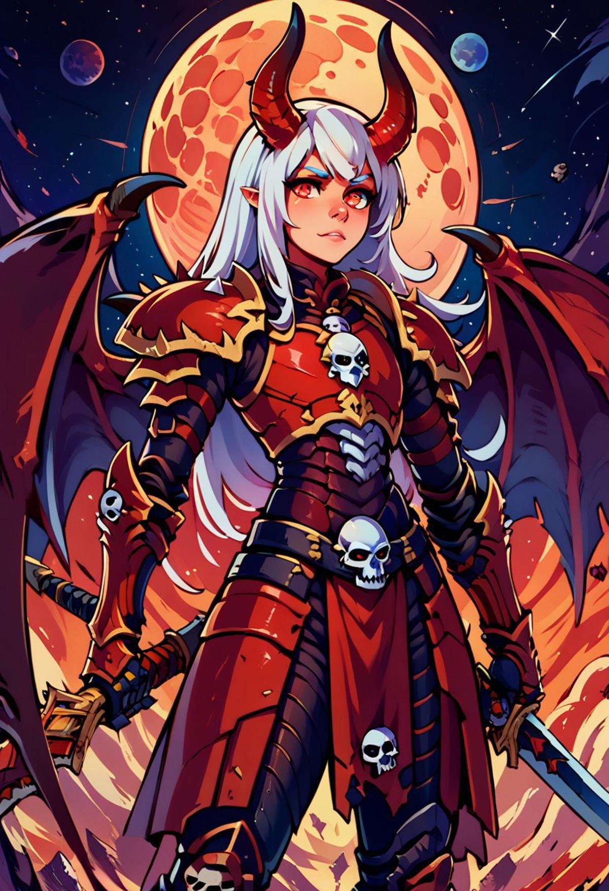 score_9, score_8_up, score_8,  Khrn, solo, DaughterOfKhorne, long hair, white hair, weapon,  wings, horns, belt, sword, armor,  spikes, demon, skulls, demon, space background, planet, sun, red theme, shoulder armor, gauntlets, red eyes, pauldrons, full armor,