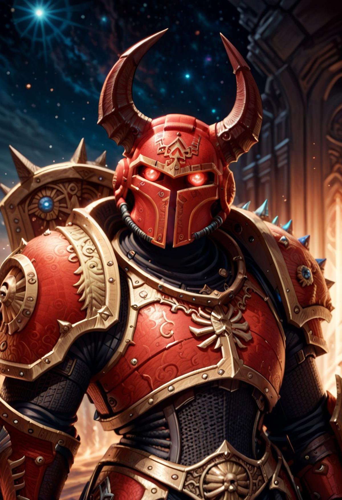 score_9, score_8_up, score_8,  Khrn, (KhorneSymbol), horns, solo, weapon, armor, helmet, shield, full armor, gold armor, red armor, space marine, vibrant lighting, high contrast, dramatic shadows, highly detailed, detailed skin, depth of field,