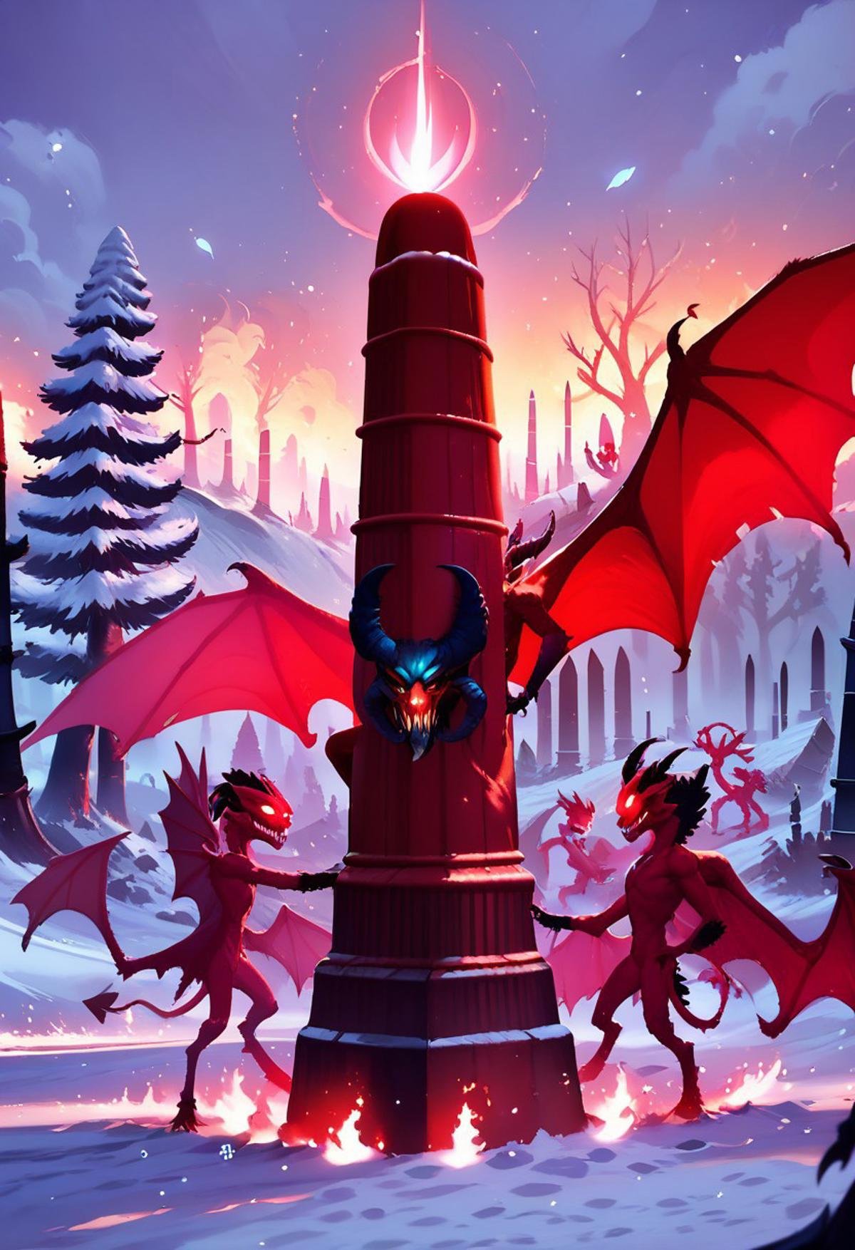 score_9, score_8_up, score_8,  Khrn, wings, tree, glowing, bare tree, pillar, (little demons, dancing demons), snow