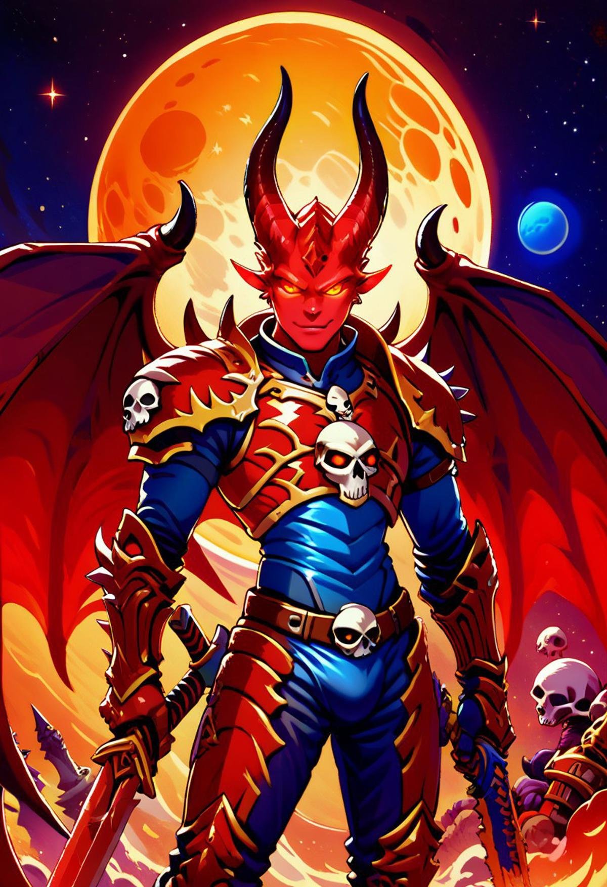 score_9, score_8_up, score_8,  Khrn, solo, 1boy, weapon, male focus, wings, horns, belt, sword, armor,  spikes, demon, skulls, demon, space background, planet, sun, red theme, shoulder armor, gauntlets, glowing eyes, pauldrons, full armor,