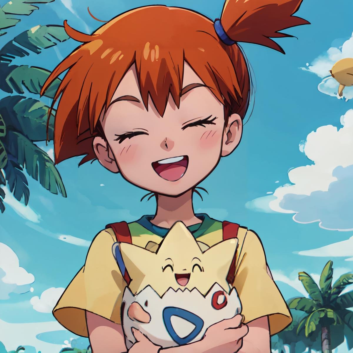 ((masterpiece,best quality)), absurdres,  <lora:Togepi_Pokmon:0.7>,  tgpiMsty, yellow shirt, smile, open mouth, shirt, closed eyes, :d, outdoors, sky, day, cloud, tree, ^_^, happy, palm tree, source anime,