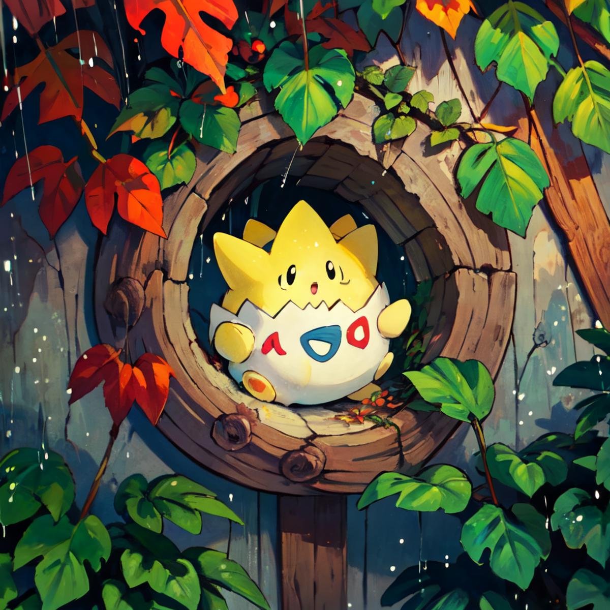 ((masterpiece,best quality)), absurdres,  <lora:Togepi_Pokmon:0.7>,  tgpi, solo, outdoors, black eyes, tree, open mouth, :o, leaf, traditional media, nature, rain, inside tree,