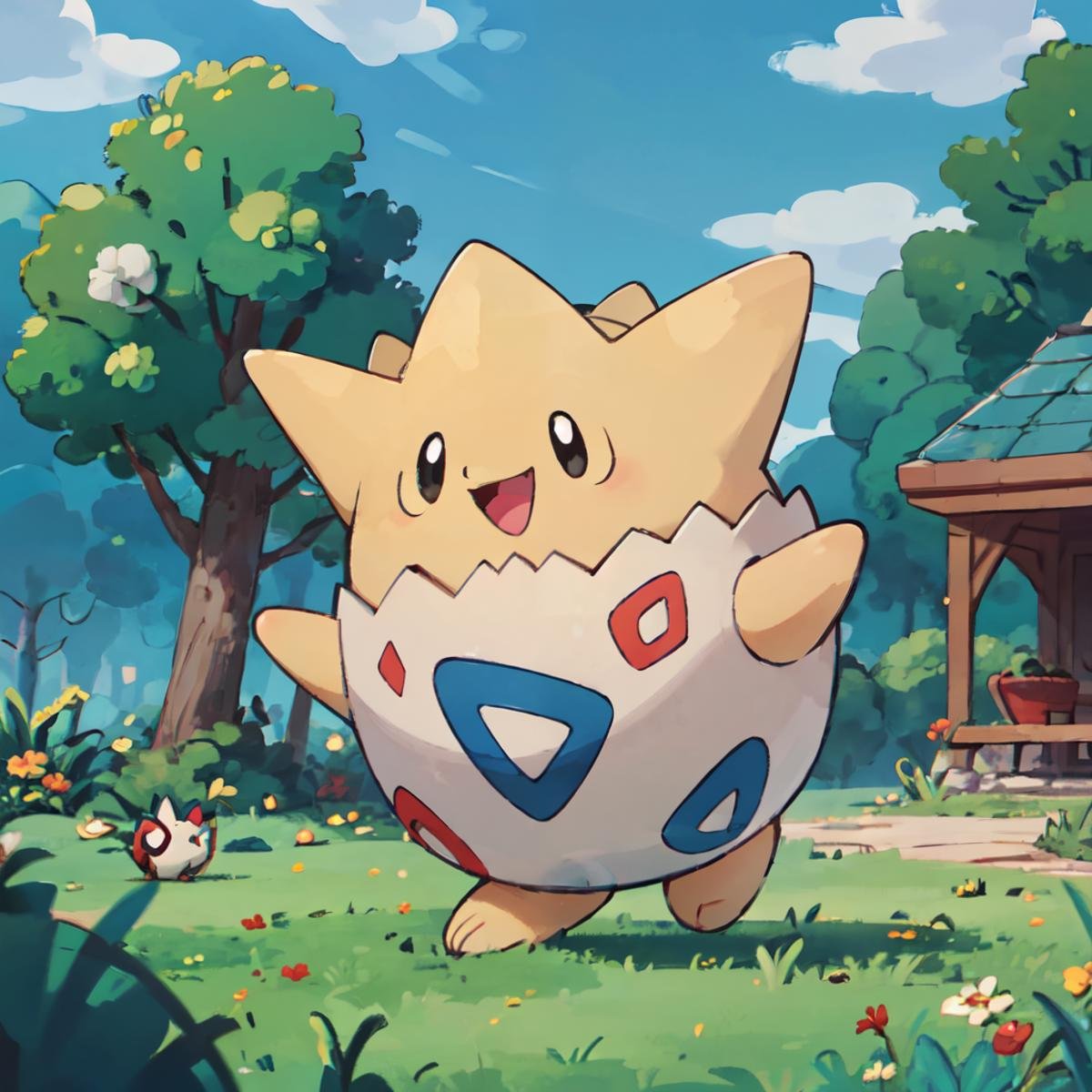 ((masterpiece,best quality)), absurdres,  <lora:Togepi_Pokmon:0.7>,  tgpi, solo, :d, black eyes, blue sky, cliff, day, eo kanako, full body, grass, happy, open mouth, outdoors, pokemon tcg, shadow, sky, smile, third-party source, tree, dance, bold lines,