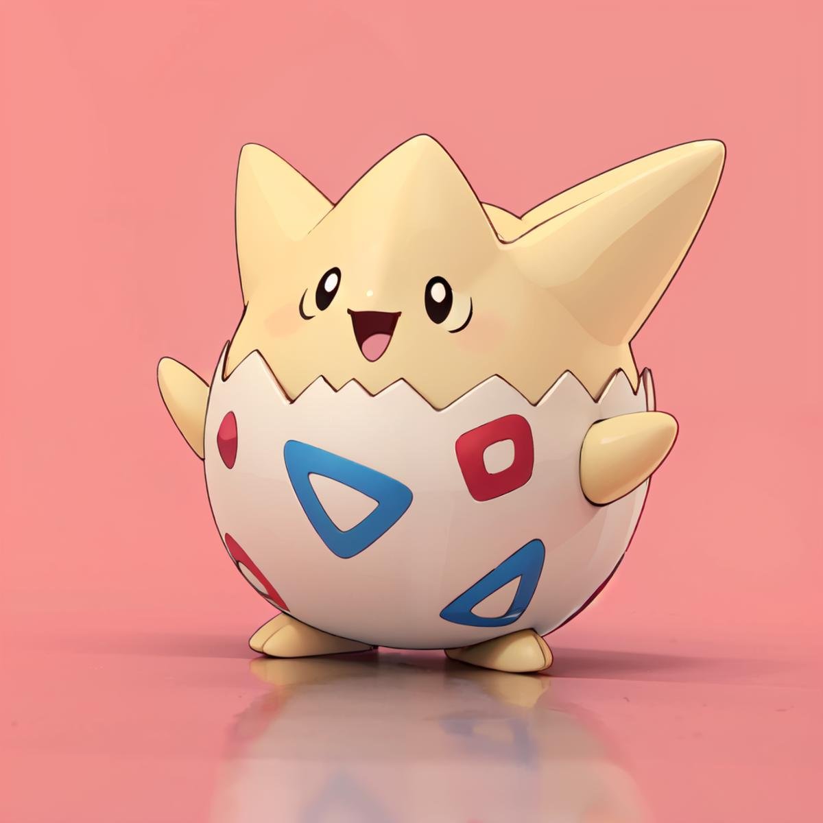 ((masterpiece,best quality)), absurdres,  <lora:Togepi_Pokmon:0.7>,  tgpi, solo, looking at viewer, smile, open mouth, simple background, standing, full body, :d, black eyes, happy, pink background, red background, 3d