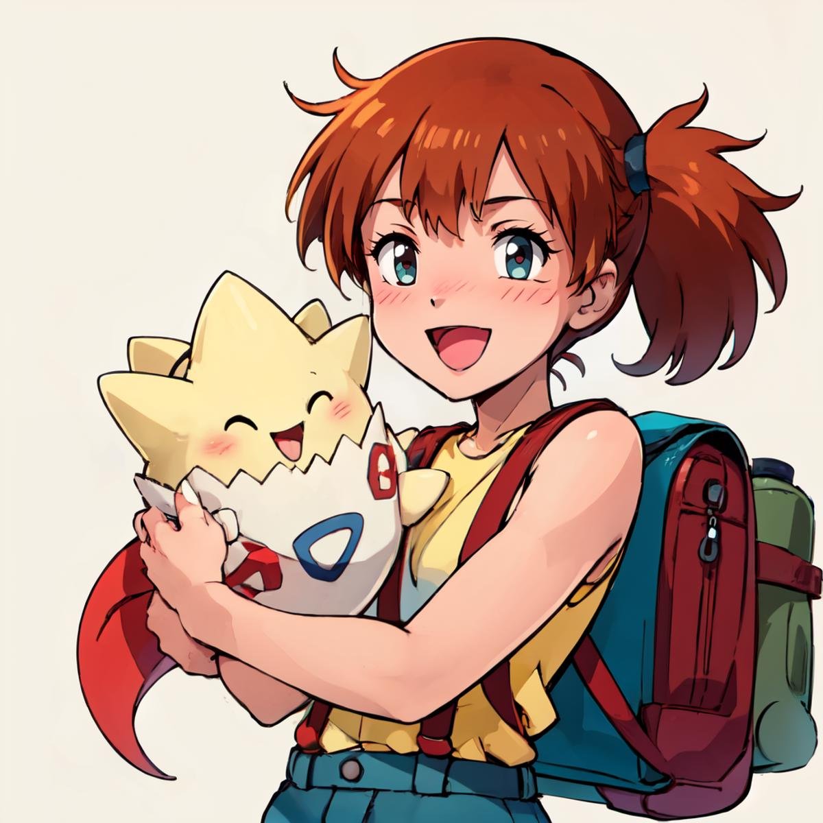 ((masterpiece,best quality)), absurdres,  <lora:Togepi_Pokmon:0.7>,  tgpiMsty, yellow shirt, looking at viewer, blush, smile, open mouth, bangs, simple background, shirt, white background, :d, shorts, sleeveless, tongue, bag, bare arms, eyelashes, sleeveless shirt, backpack, suspenders, denim