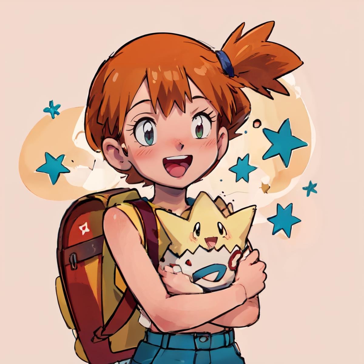 ((masterpiece,best quality)), absurdres,  <lora:Togepi_Pokmon:0.7>,  tgpiMsty,  <lora:Misty_Pokemon_v2_Anime:0.6>, 1girl, solo,  yellow shirt, looking at viewer, blush, smile, open mouth, bangs, simple background, shirt, white background, :d, shorts, sleeveless, tongue, bag, bare arms, eyelashes, sleeveless shirt, backpack, suspenders, denim