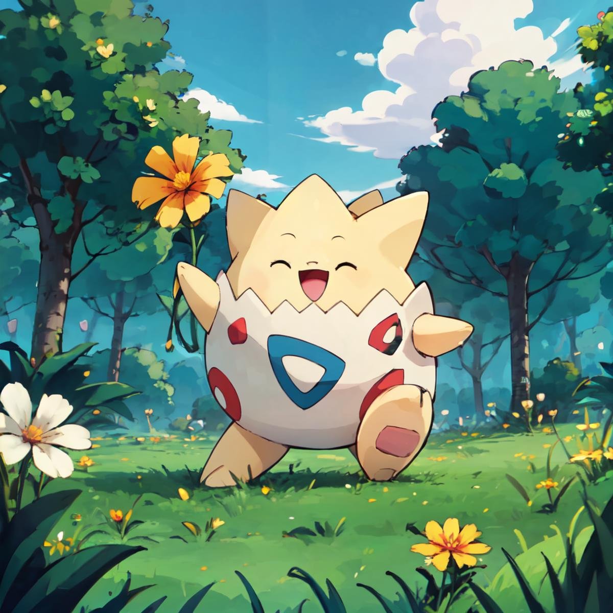 ((masterpiece,best quality)), absurdres,  <lora:Togepi_Pokmon:0.7>,  tgpi, solo, smile, open mouth, standing, full body, closed eyes, flower, :d, outdoors, tongue, ^_^, happy, standing on one leg, grass, source anime, blurry, dance