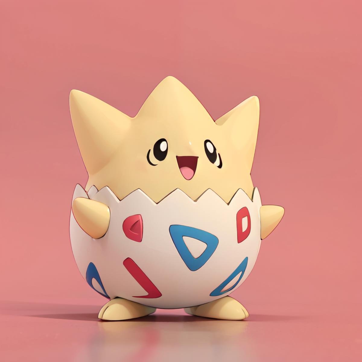 ((masterpiece,best quality)), absurdres,  <lora:Togepi_Pokmon:0.7>,  tgpi, solo, looking at viewer, smile, open mouth, simple background, standing, full body, :d, black eyes, happy, pink background, red background, 3d