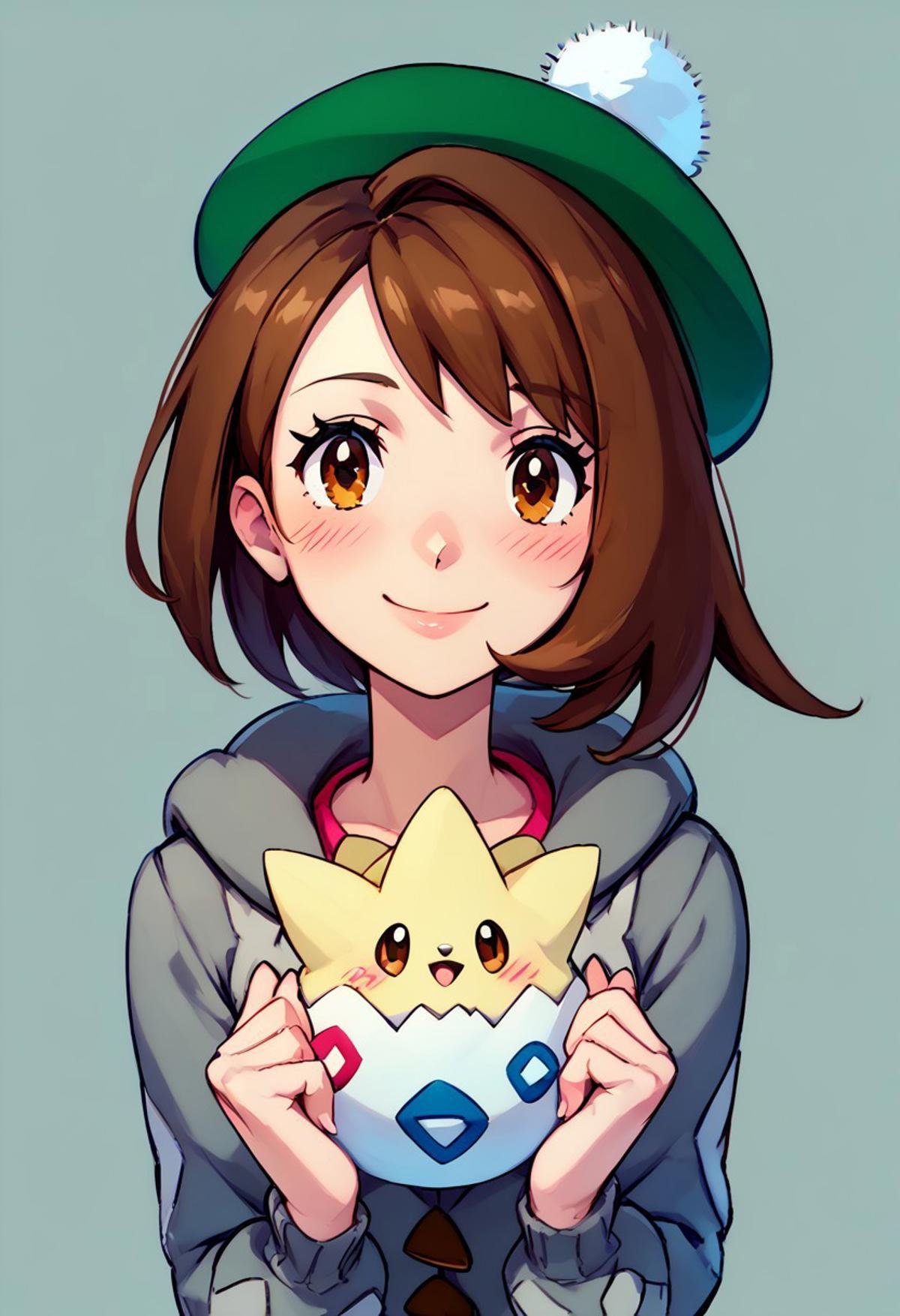 score_9, score_8_up, score_8, cute,      rating safe, BREAK,tgpi, smile, blush, leaning forward, upper body, source anime, Gloria (pokemon), brown hair, brown eyes, green hat, grey cardigan, BREAK,smile, looking at viewer, zPDXL, Expressiveh