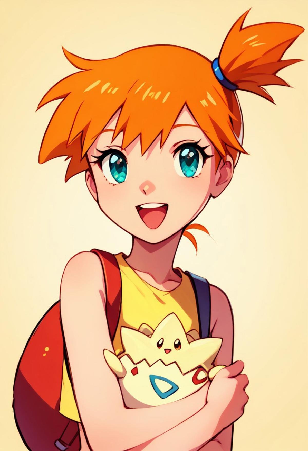 score_9, score_8_up, score_8, cute,      rating safe, BREAK,tgpiMsty, yellow shirt, smile, open mouth, bangs, shirt, upper body, :d, sleeveless, bag, hair tie, source anime,BREAK,smile, looking at viewer, zPDXL, Expressiveh