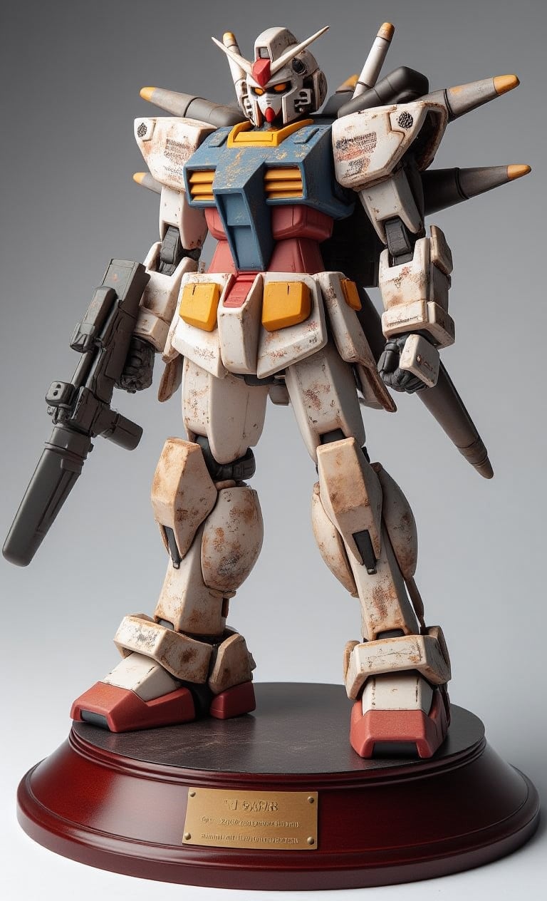 A super-realistic figure,heavily armored RX-78 Gundam, A highly detailed 1/60 scale model with weathered battle damage and dirt, The Gundam stands in a dynamic pose on a polished ebony base with a brass nameplate. The classic white, blue, red and yellow color scheme is now worn down with muted tones. A huge backpack extends from the shoulders and houses additional thrusters and power cells. Intricate panel lines and hydraulics are visible. The left hand holds a weathered beam saber hilt. The armor plates show realistic battle scars, peeling paint and rust streaks. The joints feature exposed pistons and cables, The head unit retains the iconic V-fin and dual eyes, and the nameplate at the feet reads "Rx-78 GUNDAM", made of resin.,create figure,real robot