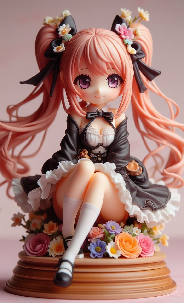 This beautiful resin model depicts a smiling anime-style girl sitting on a circular wooden pedestal decorated with colorful flowers. Her long, shiny pink hair is tied in twin tails and adorned with ribbons. She wears a gothic lolita-inspired dress in a black and white color scheme that hugs her curves and exudes cuteness. The softly lit, blurred background really makes the character stand out. ,3D rendering of the figure,create figure