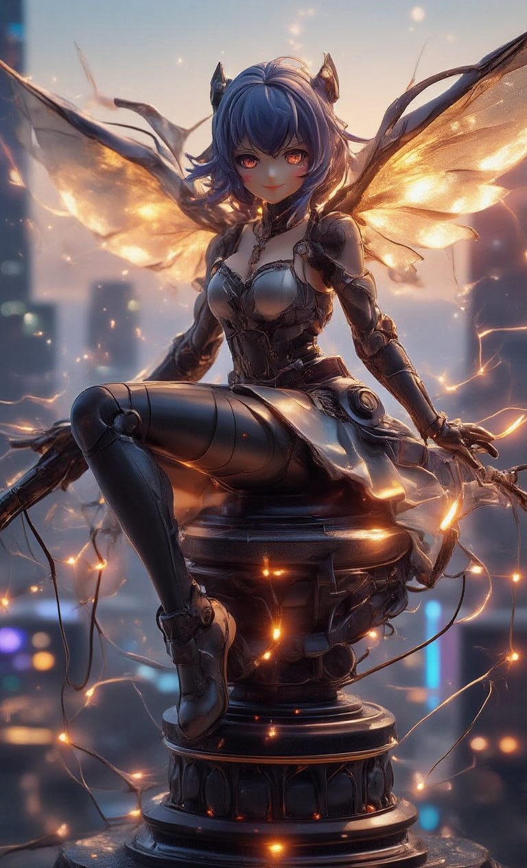 A dynamic pose: A solo Mecha girl stands triumphantly, framed against a cityscape backdrop of neon-lit skyscrapers at dusk, with the sun's warm glow casting a golden light on her celestial blue hair. Her bright smile and soft blush as she gazes directly at us, accentuating her striking features, radiate confidence and power. The transparent resin wings with flame-effect glow, crafted in intricate detail, complement the armor-plated dress-bodysuit that wraps her lithe figure like a futuristic exoskeleton. Confidently grasping her weapon, she sits atop a sleek futuristic pedestal, surrounded by a halo of electricity and energy, as if ready to unleash a burst of power at any moment.,create figure,real robot