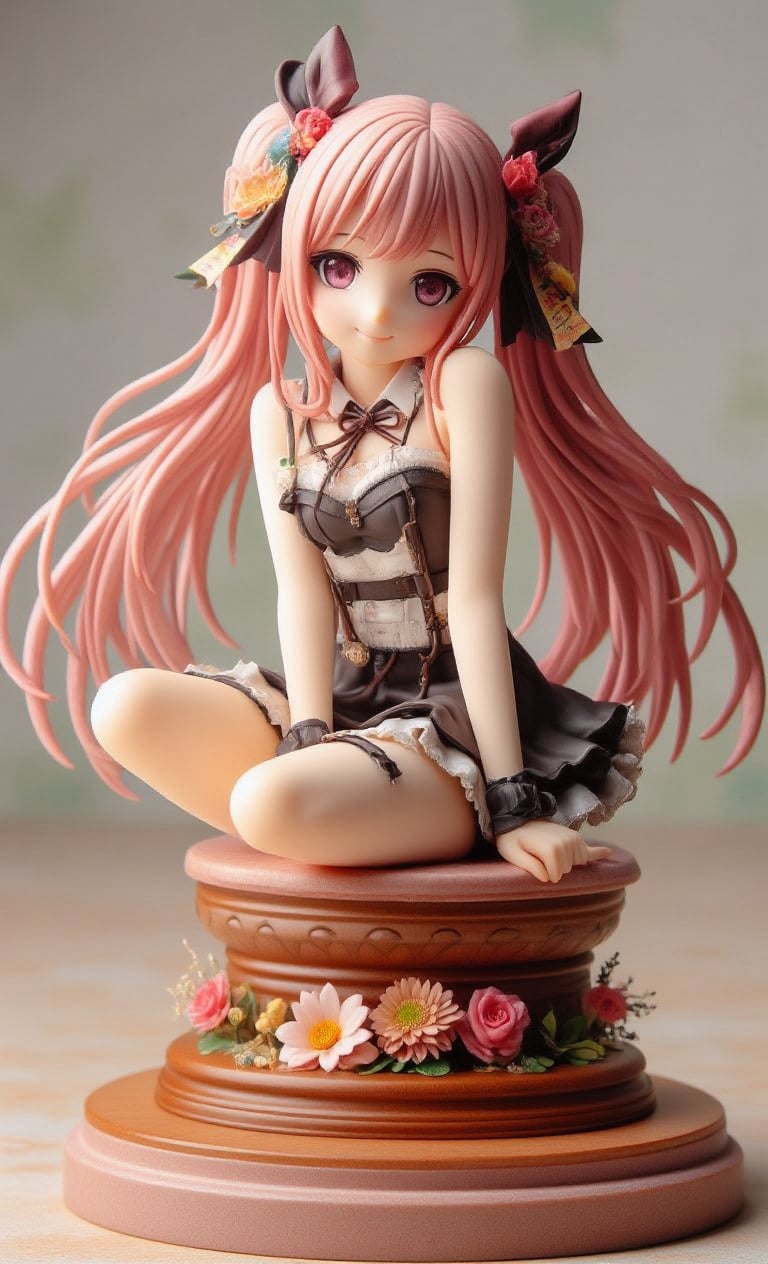 This beautiful resin model depicts a smiling anime-style girl sitting on a circular wooden pedestal decorated with colorful flowers. Her long, shiny pink hair is tied in twin tails and adorned with ribbons. She wears a gothic lolita-inspired dress in a black and white color scheme that hugs her curves and exudes cuteness. The softly lit, blurred background really makes the character stand out. ,3D rendering of the figure,create figure