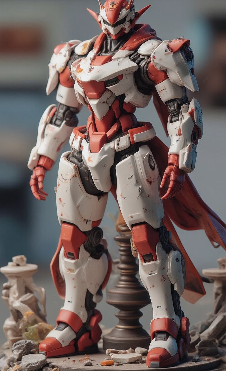 A masterpiece, this plastic model robot figurine stands proudly on a rubble-strewn pedestal, the robot is painted in white and red to give it a damaged appearance, the textures are magnificent with some metallic textures adding to the texture, the blurred background and soft lighting make the subject stand out even more.,resin,real robot,create figure