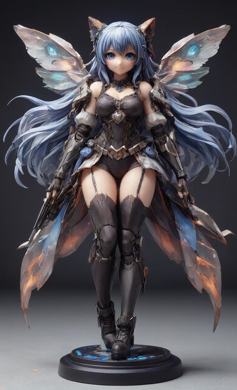 A mesmerizing scene unfolds: a single Mecha girl stands proudly, her bright blue locks flowing like a river of celestial hue. Her gaze meets ours, a warm smile spreading across her face as she blushes softly. The simplicity of the background accentuates her striking features and mechanical wings, crafted from transparent resin with a flame-effect glow. She wears an intricate dress-bodysuit adorned with armor plating, a determined grip on her weapon. Perched upon a sleek futuristic pedestal, our Mecha girl exudes confidence and power, her very presence electrifying the air.,create figure,real robot,lyh