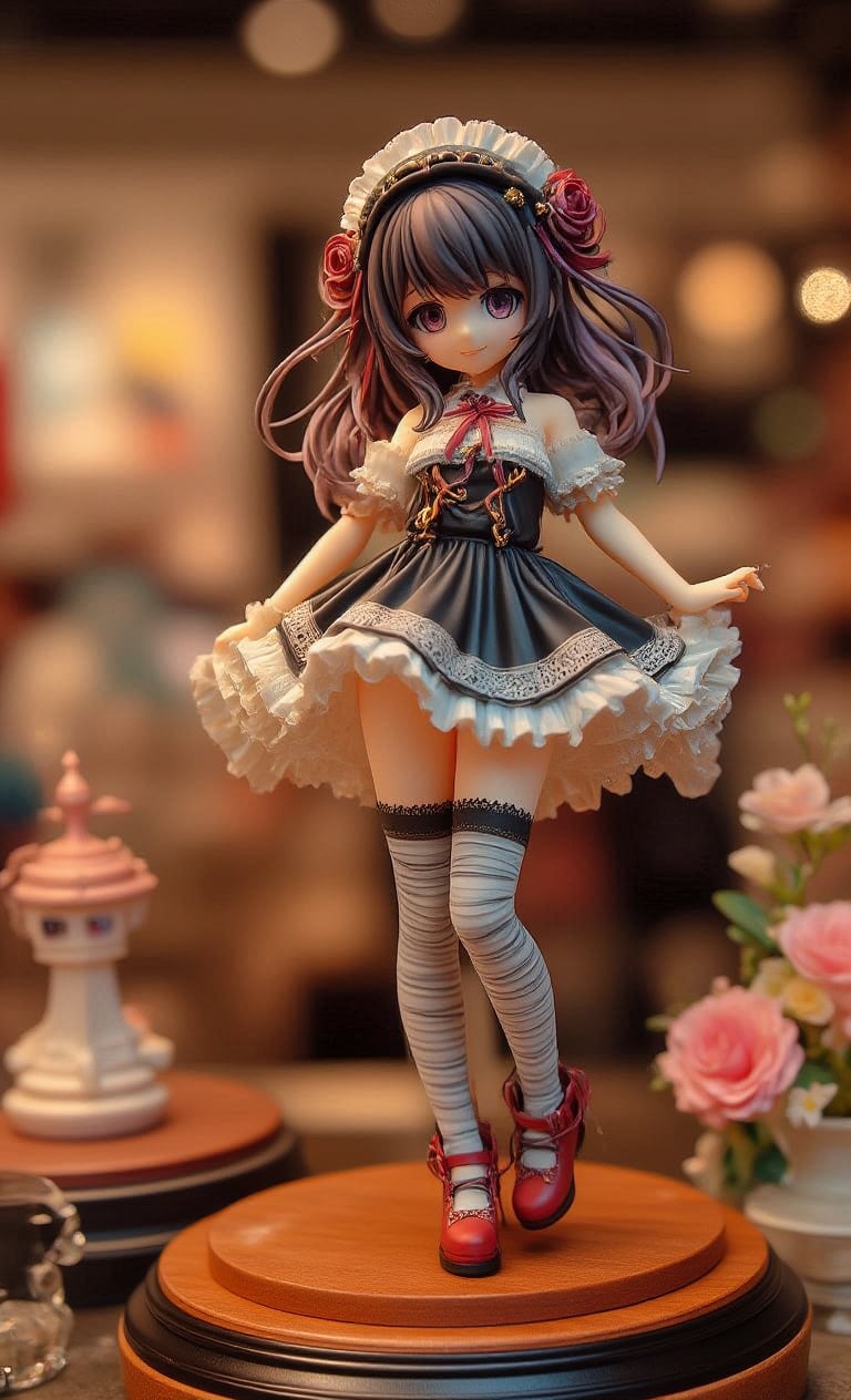 A detailed display of a Gothic Lolita anime resin figure placed on a display shelf. The figure wears a black and white ruffled dress with lace and ribbons, striped stockings and red shoes. The shelf is made of polished wood and the soft lighting highlights the delicate details of the figure. In the background, other anime figures and decorations can be faintly seen, but the focus is entirely on the Gothic Lolita figure. The room is softly lit, giving the display a warm and cozy atmosphere, perfect for any anime fan's collection.,create figure