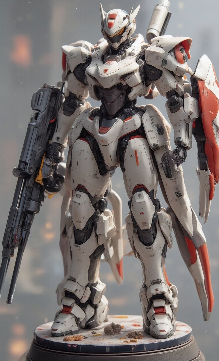 Masterpiece, plastic model, diorama of a robot figure, standing on a pedestal, in a city area, equipped with a large Gatling gun and shield. The robot is painted in a white and red color scheme with splitter camouflage. The spectacular texture of the stunning 3D rendering is enhanced by several metal textures. The blurry light gray background and strong lighting make the subject stand out even more.,create figure,real robot