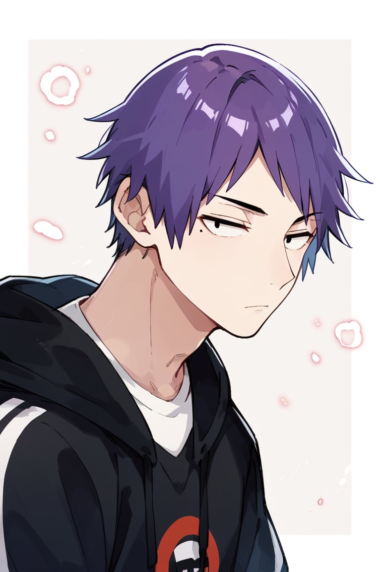 score_9, score_8_up, score_7_up, score_6_up, score_5_up, score_4_up, source_anime, beautiful eyes, male focus, looking at viewer, 1boy,  expressionless, downturned mouth, upper body, face close up,
zettaiBL protagonist, purple hair, black eyes, mole under eye, 
white shirt, black hoodie,
(guy:1.2), toned male, 