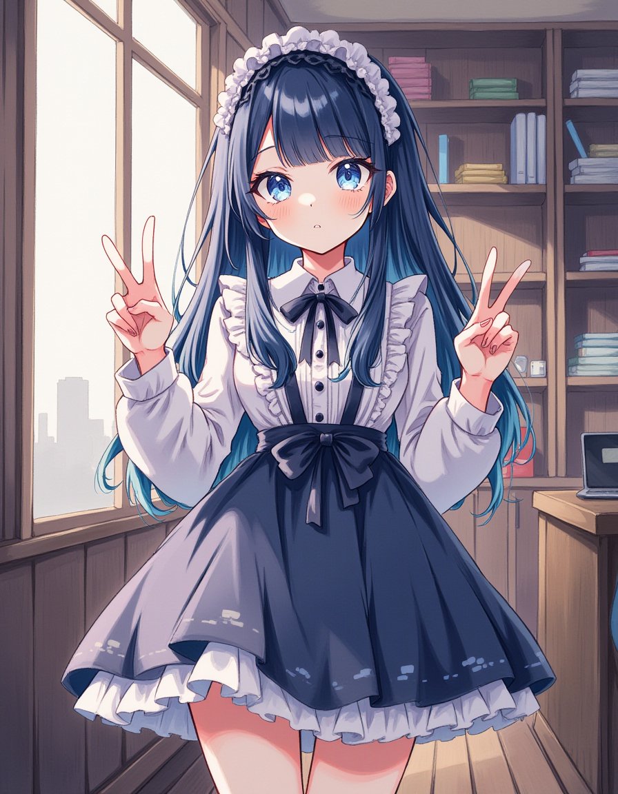 A girl with very long straight hair and dark blue and blunt bangs and dark blue eyes and (flat chest:1.2),
A girl wearing lolita fashion and lolita hairband and frilled shirt and frilled skirt,
A girl standing and v sign and (looking at viewer:1.2) in a room with a window and a bookshelf and shelves,
A girl is expressionless and (smile:0.5),
This illustration is a full body portrait,