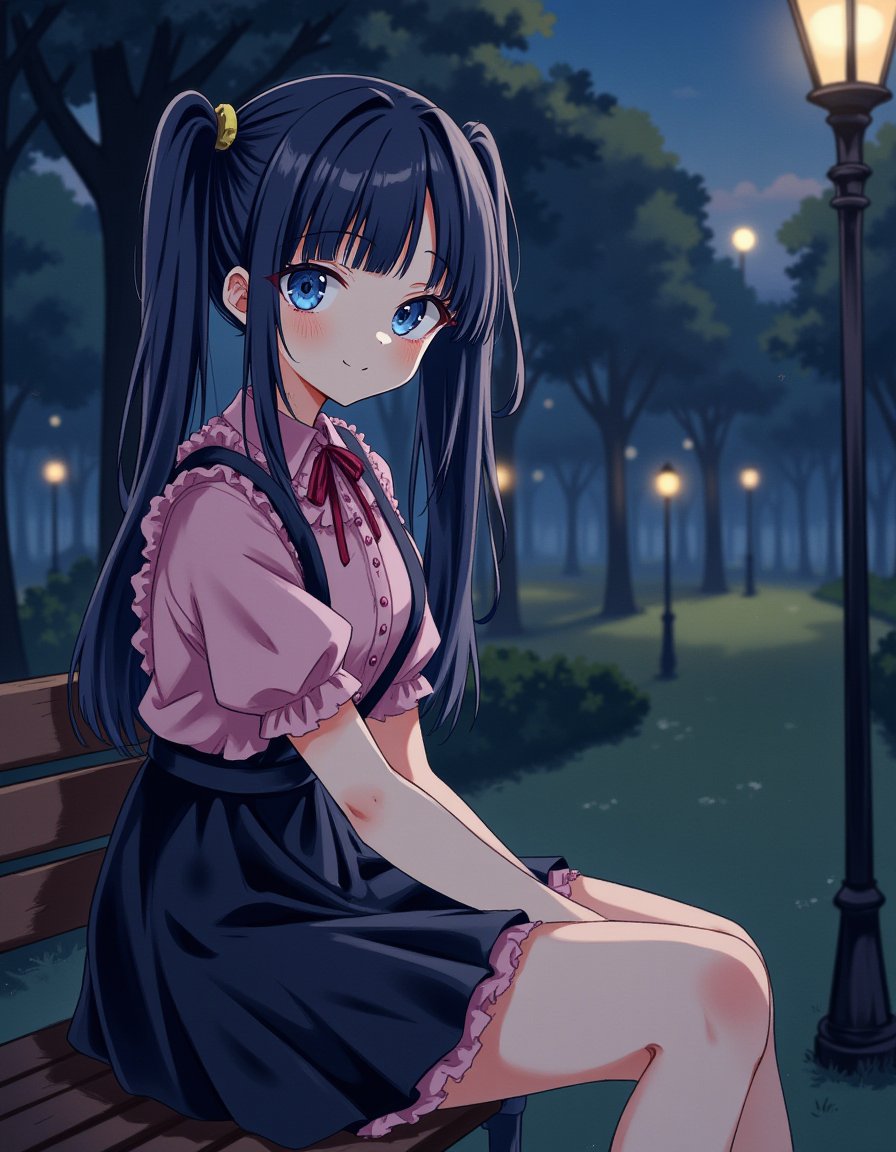 A girl with very long straight twintails and dark blue and blunt bangs and dark blue eyes and (flat chest:1.2),
A girl wearing jirai kei and pink frilled shirt and pink shirt and pink collared shirt and black skirt and suspender skirt and shirt tucked in and short sleeves and puffy sleeves and ribbon and frills,
A girl is lonely and false smle,
A girl sitting on bench and (looking at viewer:1.2) in a park with lamppost from side at night,
This illustration is a upper body portrait,