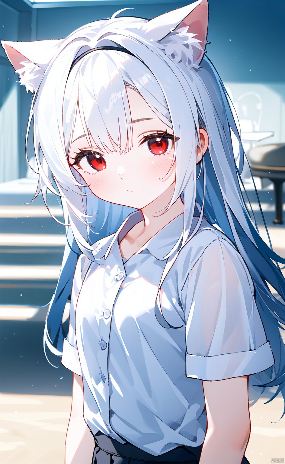 masterpiece,8k,best quality,1girl,(solo),kawaii,(depth of field),cat ears,white hair,red eyes