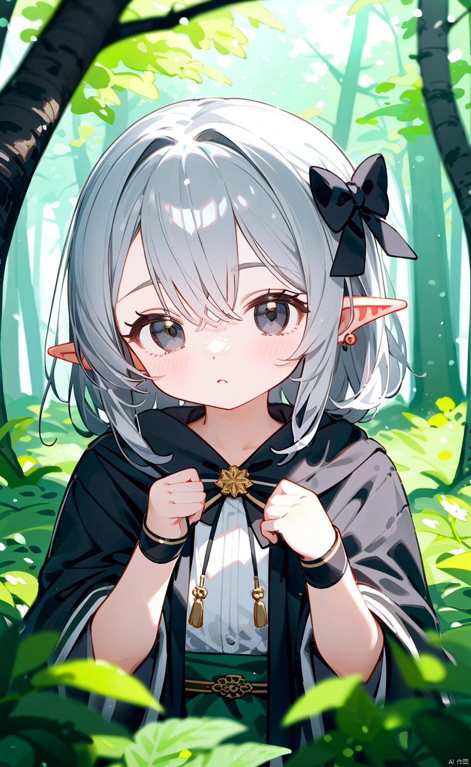 masterpiece, 8k,best quality,loli, sharp Ears, (solo), gray Hair,black eyes,kawaii, (depth of Field), bowknot, forest,mage robe,