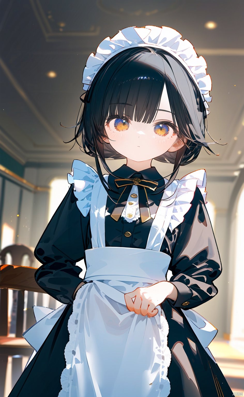 masterpiece,8k,best quality,1girl,(solo),kawaii,(depth of field),maid,black hair,There are two swords on the waist,