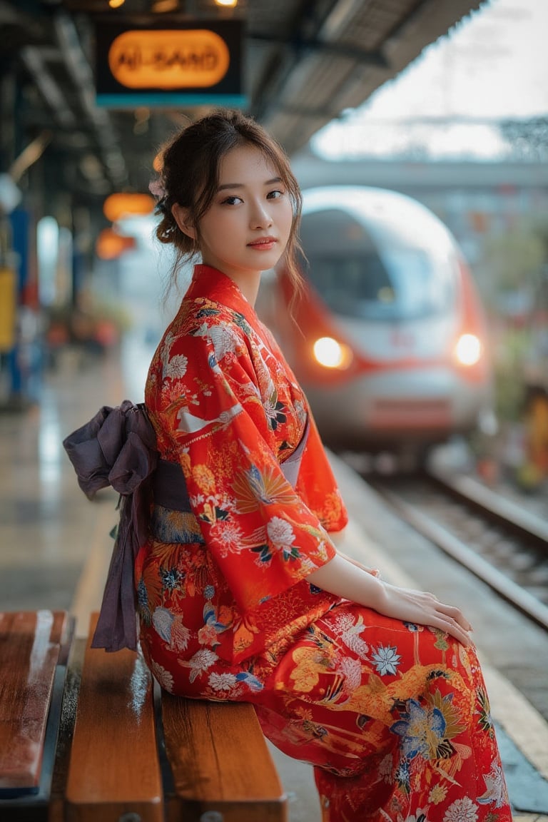 Thai girl in Red vibrant color kimono dress portrait in Train station, sitting on the bench beside the train station with the sign 'AI-SARD station' above her head in the background with Highspeed Train