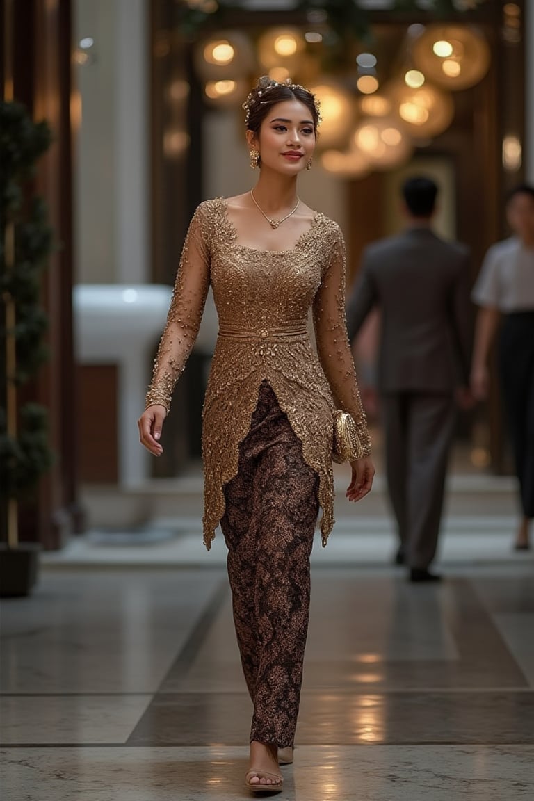 A stunning Indonesian woman elegantly walking through a bustling street, wearing a modern and luxurious kebaya dress, adorned with fine jewelry and a lavish handbag. She is graceful and beautiful, captured in ultra-high detail with perfect lighting, in an 8K resolution, showcasing her elegance and the vibrant surroundings.