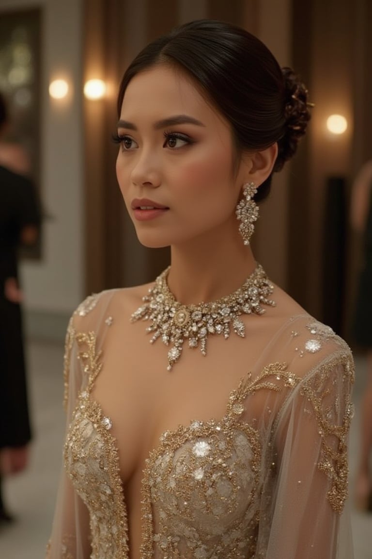 A stunning Indonesian woman at a luxurious modern party, wearing an elegant and lavish white and gold kebaya dress, adorned with a diamond necklace. She is poised and sexy, captured in perfect lighting with exquisite jewelry. The scene is in Ultra HD 8K, capturing the best moment with a detailed and vibrant composition.