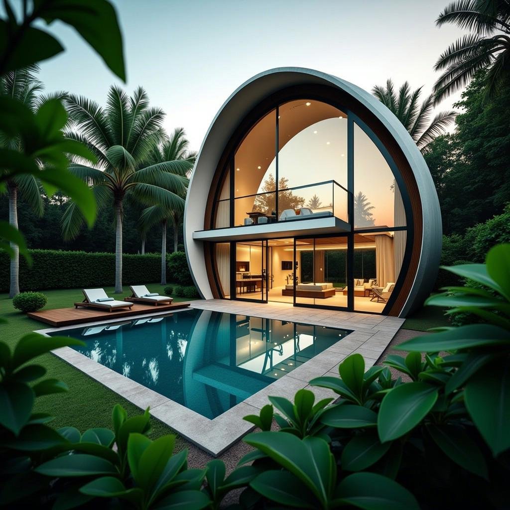 a striking visual of a contemporary dome-shaped residence surrounded by lush tropical foliage. Capture the interplay between the curved glass panels and the organic forms of the landscape. Set your professional camera to manual mode, f/4, ISO 400, and use a fish-eye lens to accentuate the unique geometry