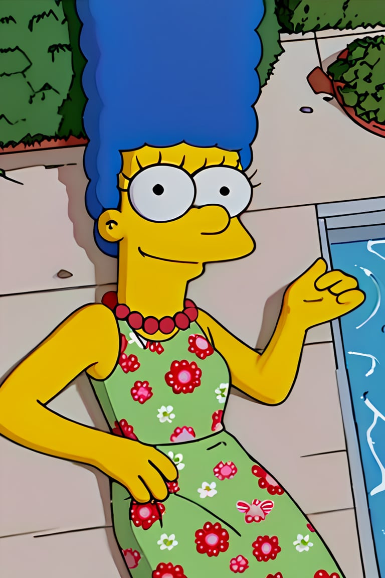 masterpiece, best quality, highly detailed, score_9, score_8_up, score_7_up, score_6_up, source_anime, outdoors, BREAK, MargemxV, A flat-toned cartoon by the Simpsons' best artist, Marge Simpson, who shows off her blue hair in braids, a red pearl necklace, a sleeveless green dress that reaches halfway down her legs, red shoes, a discreet smile, a nice body, a small chin and prominent jaw, white eyes with small black irises, She is lying on the ground at the pool, looking at the viewer, closed mouth, smile,