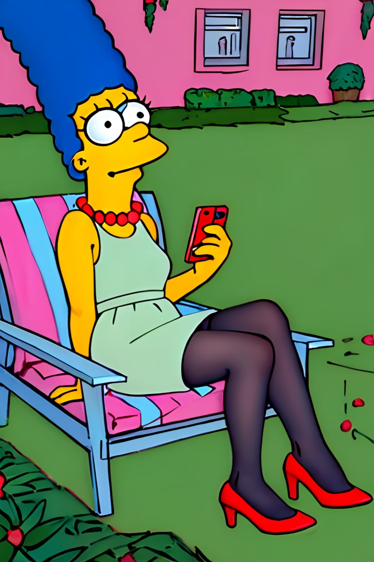 masterpiece, best quality, highly detailed, score_9, score_8_up, score_7_up, score_6_up, source_anime, outdoors, BREAK, MargemxV, A flat-toned cartoon by the Simpsons' best artist, Marge Simpson, who shows off her blue hair in braids, a red pearl necklace, a sleeveless green dress that reaches halfway down her legs, black stockings, red high heels, a discreet smile, a sensual body, a small chin and prominent jaw, white eyes with small black irises looking out to the horizon, She is lying on a pink chair resting, both eyes looking at the same direction,