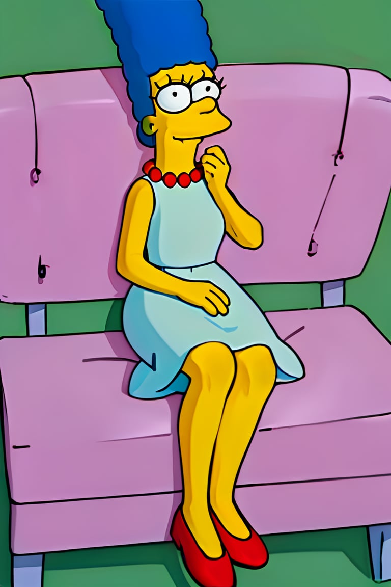 masterpiece, best quality, highly detailed, score_9, score_8_up, score_7_up, score_6_up, source_anime, outdoors, BREAK, MargemxV, A flat-toned cartoon by the Simpsons' best artist, Marge Simpson, who shows off her blue hair in braids, a red pearl necklace, a sleeveless green dress that reaches halfway down her legs, red shoes, a discreet smile, a nice body, a small chin and prominent jaw, white eyes with small black irises looking out to the horizon, She is lying on a pink chair resting, both eyes looking at the same direction, closed mouth, smile,