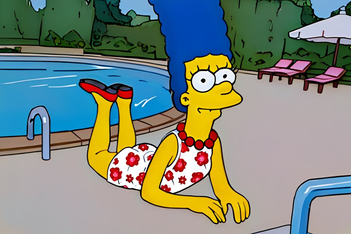 masterpiece, best quality, highly detailed, score_9, score_8_up, score_7_up, score_6_up, source_anime, outdoors, BREAK, MargemxV, A flat-toned cartoon by the Simpsons' best artist, Marge Simpson, who shows off her blue hair in braids, a red pearl necklace, a sleeveless green dress that reaches halfway down her legs, red shoes, a discreet smile, a nice body, a small chin and prominent jaw, white eyes with small black irises, She is lying on the ground at the pool, looking at the viewer, closed mouth, smile,