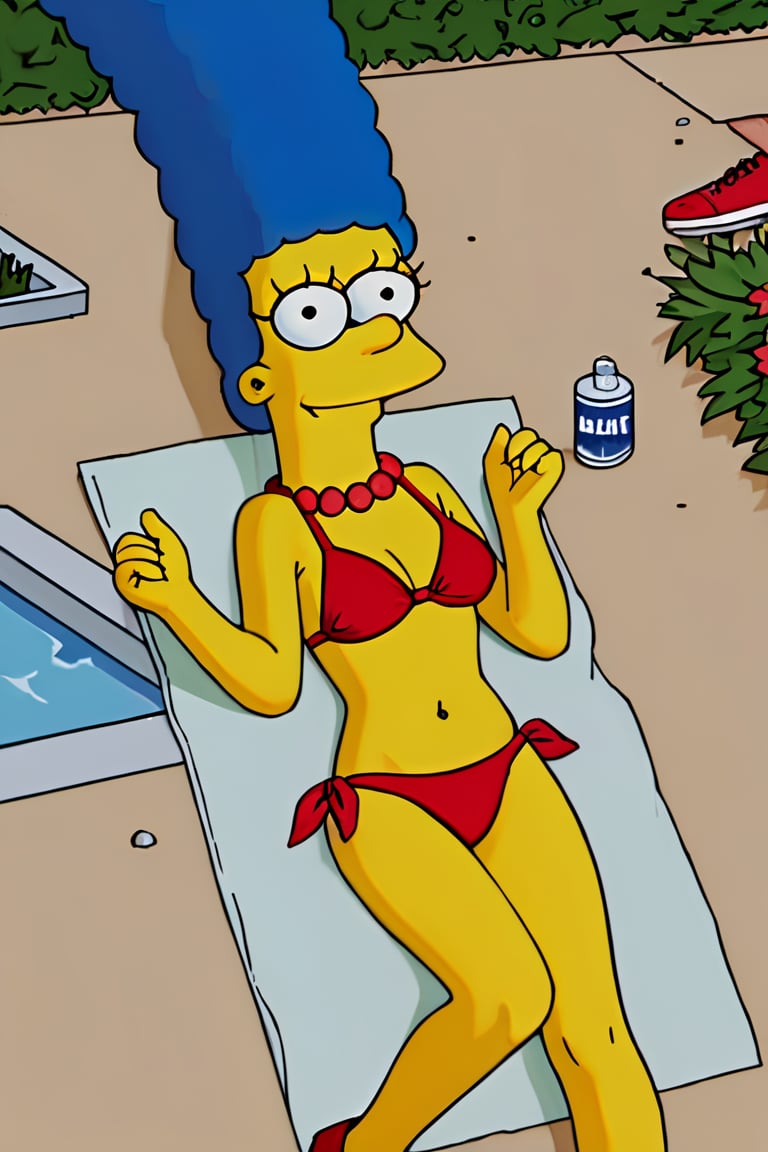 masterpiece, best quality, highly detailed, score_9, score_8_up, score_7_up, score_6_up, source_anime, outdoors, BREAK, MargemxV, A flat-toned cartoon by the Simpsons' best artist, Marge Simpson, who shows off her blue hair in braids, a red pearl necklace, a green bikini, red shoes, a discreet smile, a nice body, a small chin and prominent jaw, white eyes with small black irises, She is lying over a towel in the ground at the pool, looking at the viewer, closed mouth, smile,