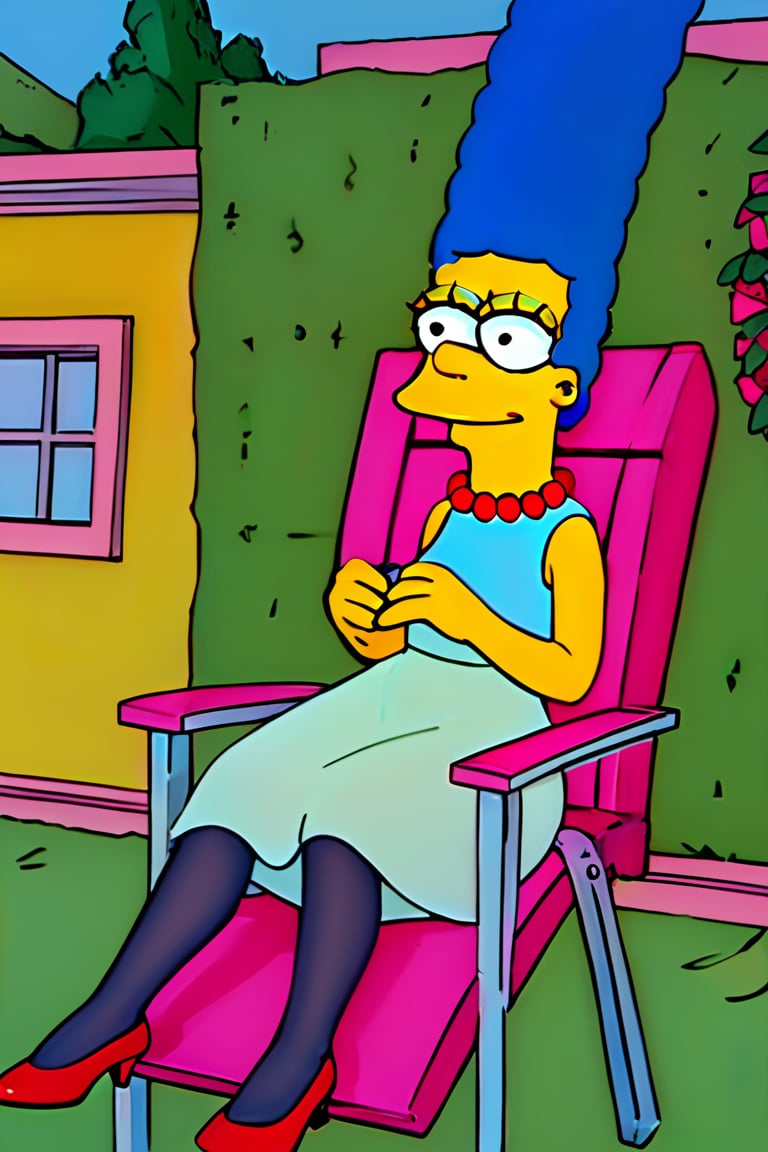 masterpiece, best quality, highly detailed, score_9, score_8_up, score_7_up, score_6_up, source_anime, outdoors, BREAK, MargemxV, A flat-toned cartoon by the Simpsons' best artist, Marge Simpson, who shows off her blue hair in braids, a red pearl necklace, a sleeveless green dress that reaches halfway down her legs, black stockings, red high heels, a discreet smile, a sensual body, a small chin and prominent jaw, white eyes with small black irises looking out to the horizon, She is lying on a pink chair resting, both eyes looking at the same direction, closed mouth, smile,