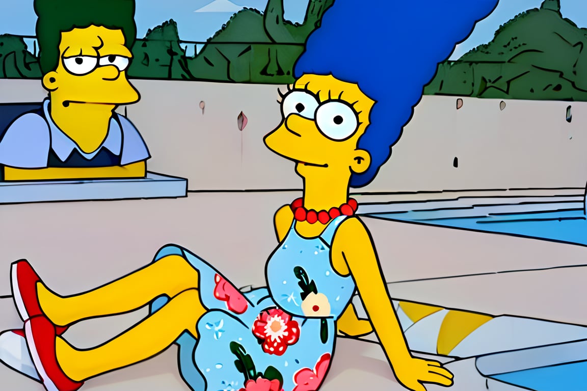 masterpiece, best quality, highly detailed, score_9, score_8_up, score_7_up, score_6_up, source_anime, outdoors, BREAK, MargemxV, A flat-toned cartoon by the Simpsons' best artist, Marge Simpson, who shows off her blue hair in braids, a red pearl necklace, a sleeveless green dress that reaches halfway down her legs, red shoes, a discreet smile, a nice body, a small chin and prominent jaw, white eyes with small black irises, She is lying on the ground at the pool, looking at the viewer, closed mouth, smile,