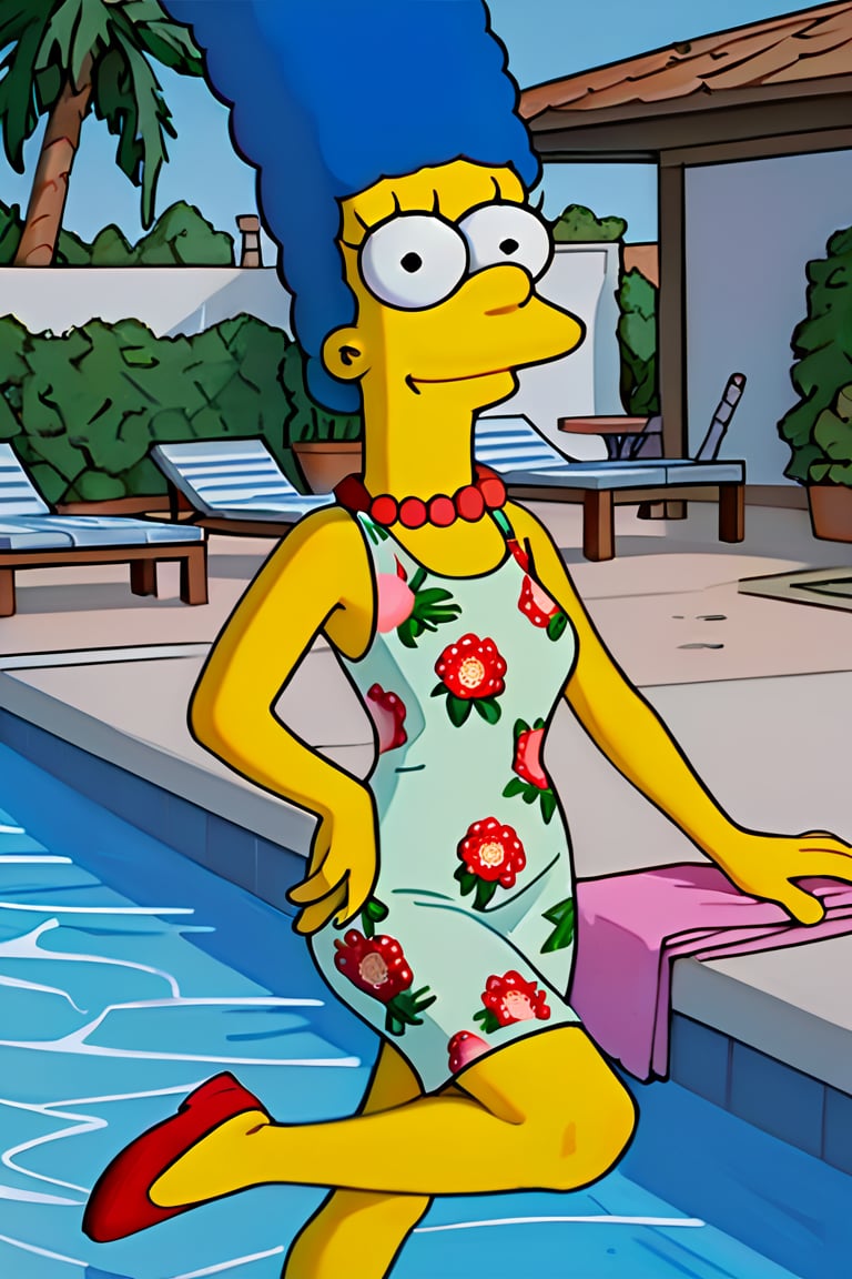 masterpiece, best quality, highly detailed, score_9, score_8_up, score_7_up, score_6_up, source_anime, outdoors, BREAK, MargemxV, A flat-toned cartoon by the Simpsons' best artist, Marge Simpson, who shows off her blue hair in braids, a red pearl necklace, a sleeveless green dress that reaches halfway down her legs, red shoes, a discreet smile, a nice body, a small chin and prominent jaw, white eyes with small black irises, She is lying on a towel in the ground at the pool, looking at the viewer, closed mouth, smile,