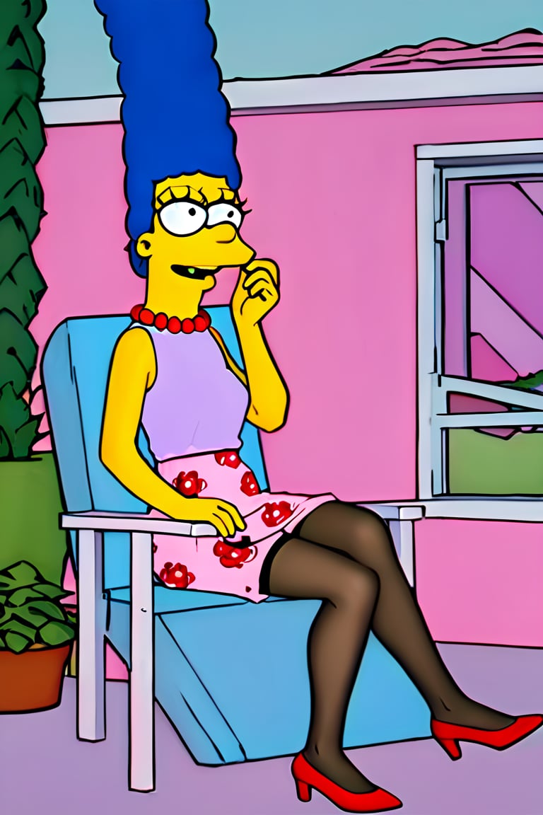 masterpiece, best quality, highly detailed, score_9, score_8_up, score_7_up, score_6_up, source_anime, outdoors, BREAK, MargemxV, A flat-toned cartoon by the Simpsons' best artist, Marge Simpson, who shows off her blue hair in braids, a red pearl necklace, a sleeveless green dress that reaches halfway down her legs, black stockings, red high heels, a discreet smile, a sensual body, a small chin and prominent jaw, white eyes with small black irises looking out to the horizon, She is lying on a pink chair resting, both eyes looking at the same direction,