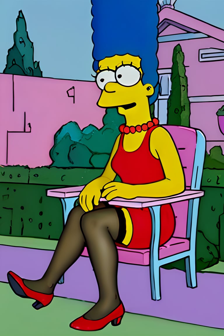 masterpiece, best quality, highly detailed, score_9, score_8_up, score_7_up, score_6_up, source_anime, outdoors, BREAK, MargemxV, A flat-toned cartoon by the Simpsons' best artist, Marge Simpson, who shows off her blue hair in braids, a red pearl necklace, a sleeveless green dress that reaches halfway down her legs, black stockings, red high heels, a discreet smile, a sensual body, a small chin and prominent jaw, white eyes with small black irises looking out to the horizon, She is lying on a pink chair resting,
Prompt Negativo, 