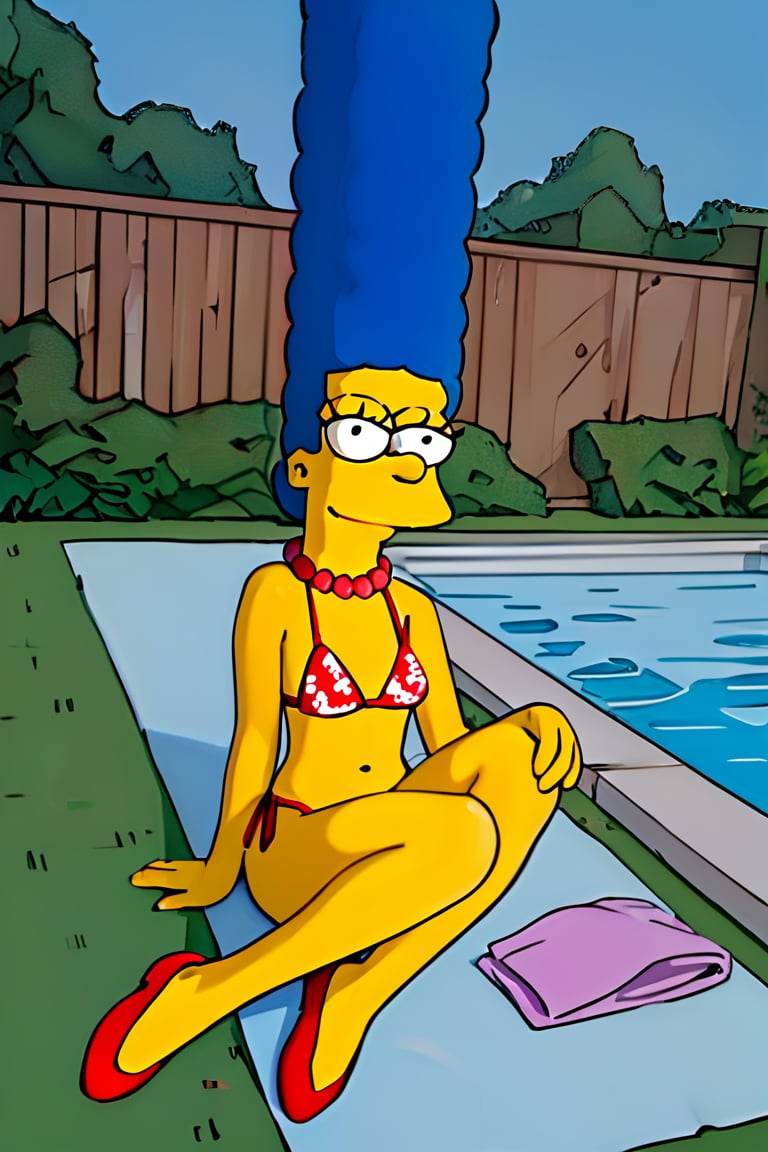 masterpiece, best quality, highly detailed, score_9, score_8_up, score_7_up, score_6_up, source_anime, outdoors, BREAK, MargemxV, A flat-toned cartoon by the Simpsons' best artist, Marge Simpson, who shows off her blue hair in braids, a red pearl necklace, a green bikini, red shoes, a discreet smile, a nice body, a small chin and prominent jaw, white eyes with small black irises, She is lying on a towel in the ground at the pool, looking at the viewer, closed mouth, smile,